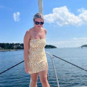 Yellow/white printed linen mini dress